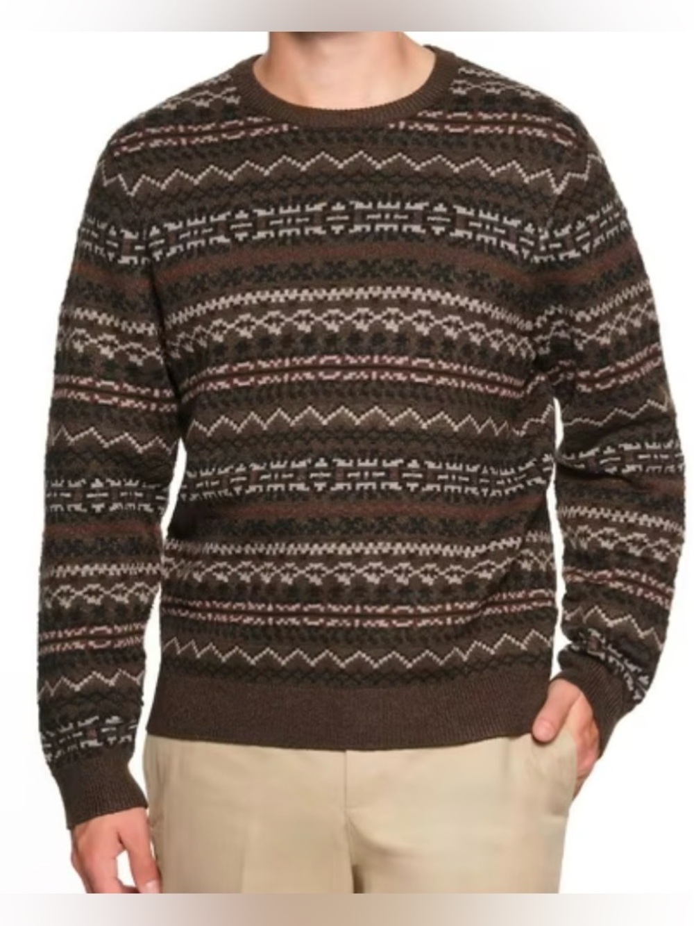 Lands’ End Fair Isle Sweater XL Brown Nordic Crewneck Pullover Cozy Winter Cabin